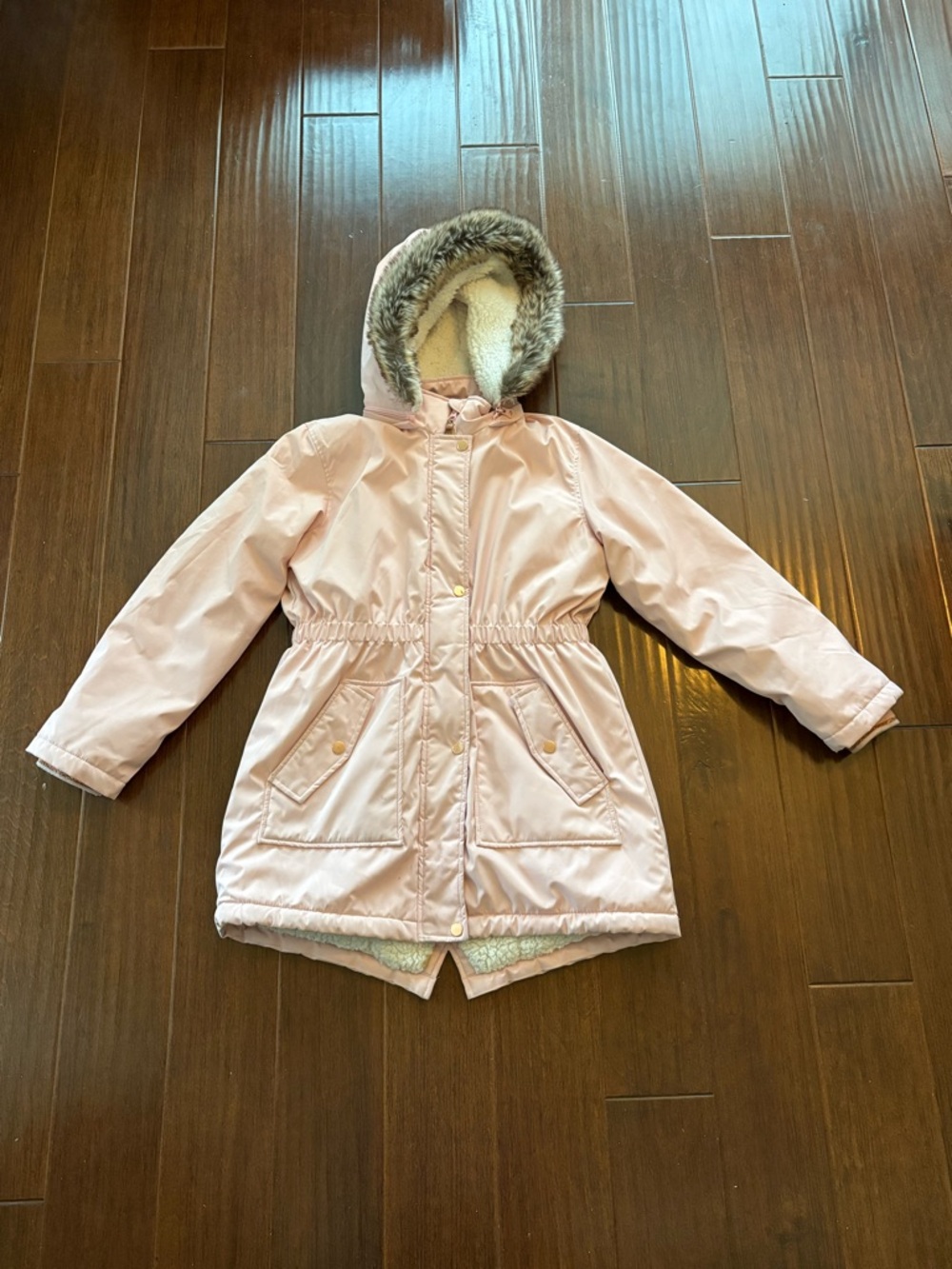 Girls Pink Hooded Parka Jacket / Coat with Detachable Hood & Faux-Fur - XL 14-16